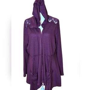 Maurice's Wine Colored Waffle Weave Hooded Long Cardigan Cut Out Shoulder Detail